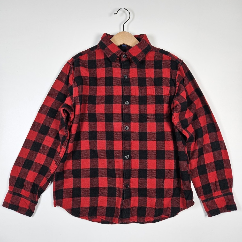UNIQLO Boys Girls Button Up Shirt Red‎ Black Buffalo Check 9-10 Kids